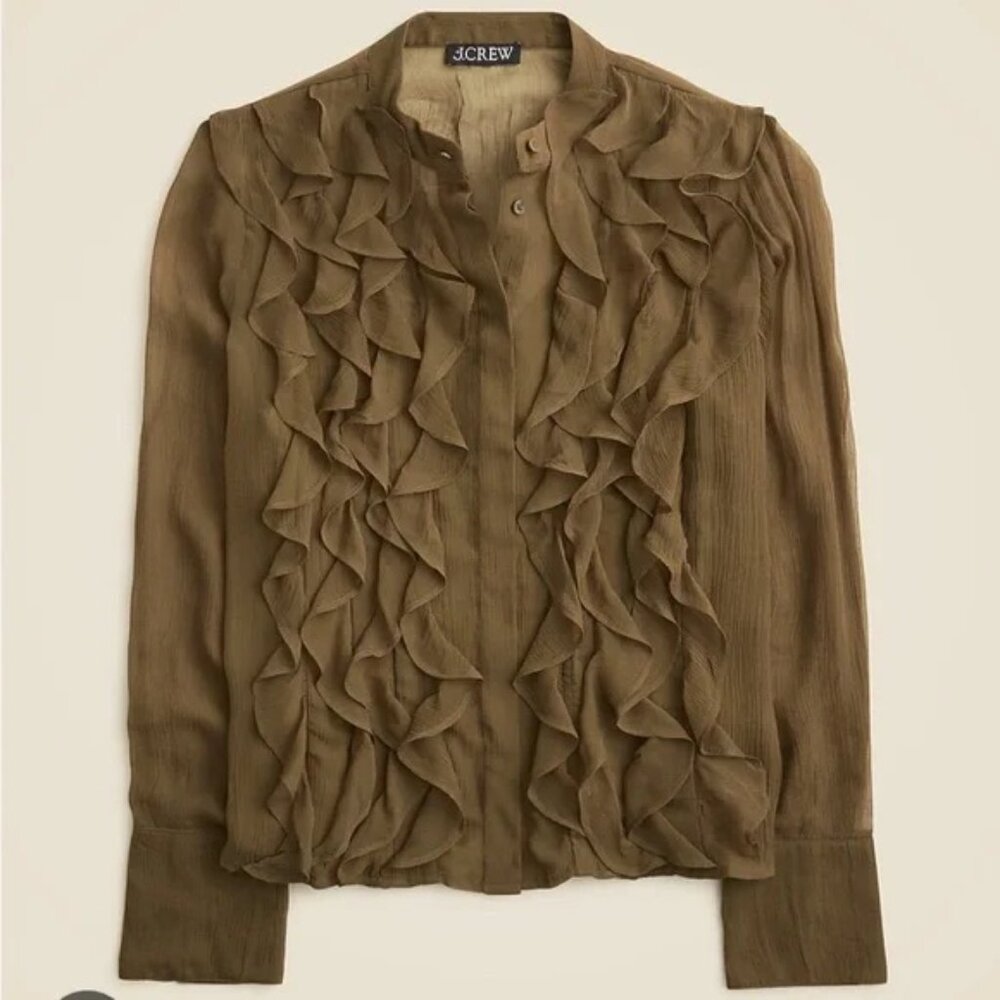 NWOT J. Crew Olive Green Ruffle-front top in crinkle cupro - Size 2